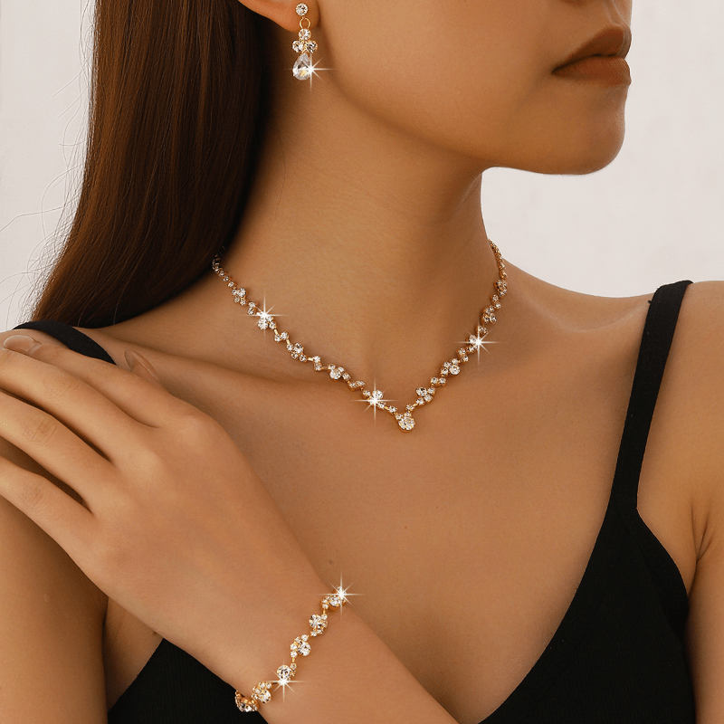 3pcs Rhinestone Necklace, Earrings, Bridal Wedding Set
